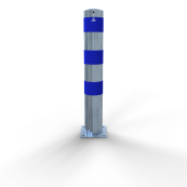 Impact protection bollards | as e-charging post protection |  152 mm | hot-dip galvanized and white powder-coated with 3 blue reflective strips foil type RA1/A | To be fixed by plugs